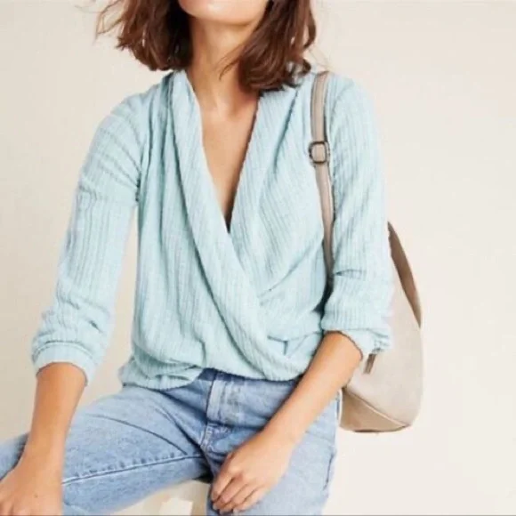 ❤️ Anthropologie x Maeve ‘Rafela Hacci’ Faux Wrap Sweater in Mint - Picture 1 of 11